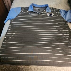 Nike Men’s Gray Striped Polo with Light Blue Accents, KC Royals Logo